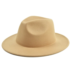 Classic khaki wool fedora hat with a wide flat brim and teardrop crown for women