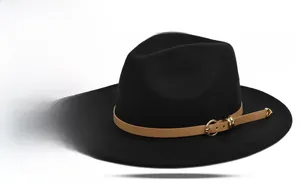 Detail view of black wool felt fedora featuring a light brown leather band with golden buckle