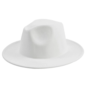 Detail of the high-quality white felt fedora hat crown with precise stitching and stiff brim