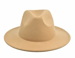 360-degree view of a wide-brim khaki fedora hat featuring wool texture and stitched edge