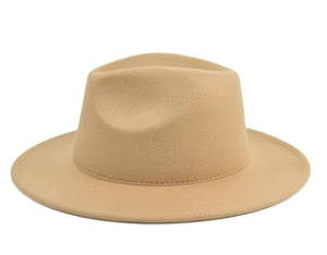 Close-up of khaki wool felt fedora showing wide brim detail and premium stitching