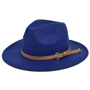 Close-up of royal blue wool fedora hat featuring a brown leather belt with gold buckle