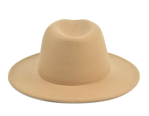 Detailed view of khaki wool fedora wide brim stitching and high-quality felt texture