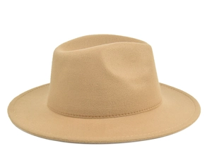 Side view of a classic khaki wool fedora hat with a flat brim and pinched crown