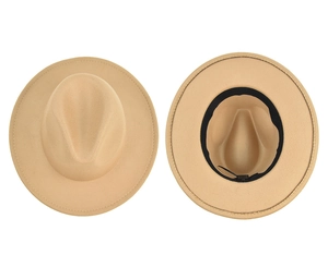 Top and interior view of khaki wool felt fedora with ribbon and sweatband detail