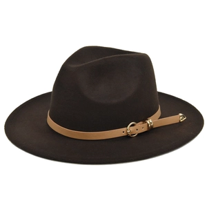 Detail of wide brim brown fedora hat featuring a leather band and gold heart buckle