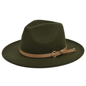 Detail of dark green wool fedora hat with brown leather band and gold heart buckle