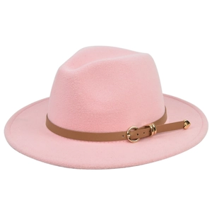 Detail of pink wool fedora featuring a brown leather band with golden heart buckle