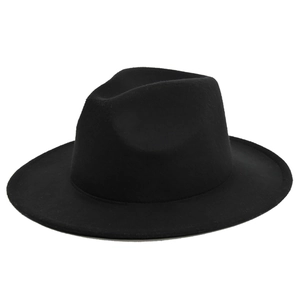 Elegant black wide brim wool fedora hat with a classic C-crown design on white background