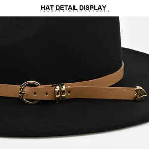 Classic black wool fedora with brown leather band and gold heart-shaped metal buckle