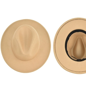 Classic khaki wide brim fedora wool felt hat shown from top and interior view