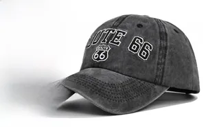 Detail of Route 66 3D embroidery and vintage washed cotton fabric on baseball cap