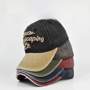 Detail of vintage washed baseball caps with Boston 3D embroidery in multiple colorways