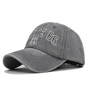 Close-up of the vintage washed grey cotton baseball cap with ROUTE 66 shield embroidery
