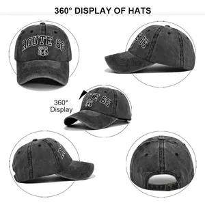 Vintage washed grey Route 66 embroidered baseball cap with adjustable metal buckle buckle