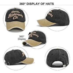 Washed grey denim Boston embroidered baseball cap with khaki brim in 360-degree view