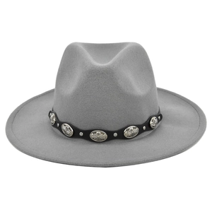 Vintage grey felt wide brim fedora hat with bohemian style leather and silver concho band