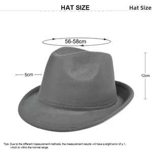 Classic grey wool fedora hat with size specifications for head circumference and brim