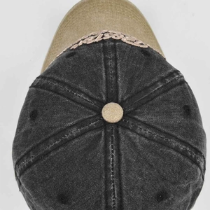 Top view of washed denim baseball cap with Boston embroidery and khaki brim details