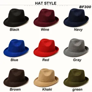 Detailed catalog of classic wool fedora hats in nine distinct colors on white backdrop