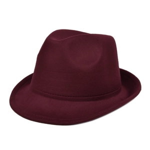 Detailed view of dark red wool fedora hat with water drop crown and stitched brim edge