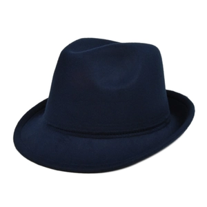 Close-up of deep navy blue wool fedora hat with classic indented crown and stitched brim