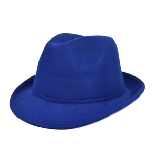 Close-up of royal blue wool felt fedora showing crown crease and reinforced brim stitching