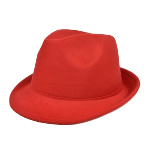Detailed view of the red fedora wool hat with wide brim and classic crown design