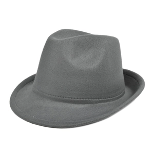 Macro detail of the grey wool felt fedora showing the reinforced stitched brim and crown