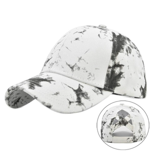 Tie-dye baseball cap for ponytails with criss-cross elastic straps and marble pattern
