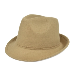 Classic camel wool fedora hat with wide brim and dented crown for men and women