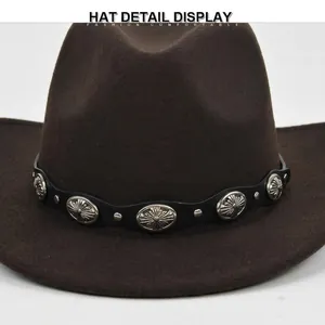 Dark brown wool felt jazz hat featuring western vintage leather band and metal studs