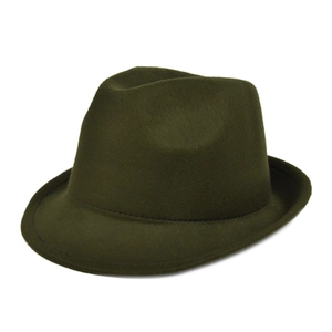 Detailed view of the olive green wool fedora with a classic indented crown and double stitching