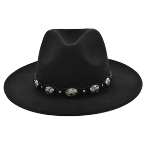 Vintage Wide Brim Fedora Hat Woolen Felt Jazz Hat With Ethnic Leather Belt Metal Studs Western Style Panama Hat For Women Men