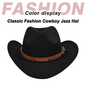 Classic Vintage Western Cowboy Hat Woolen Felt Fedora Wide Brim Jazz Hat With Rivet Belt Buckle Outdoor Travel Fashion Gear