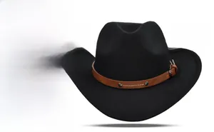 Detail of black wool felt cowboy hat with stitched brown leather band and silver rivets
