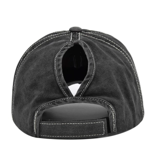 Detailed back view of washed grey ponytail baseball cap with distressed seams and velcro strap