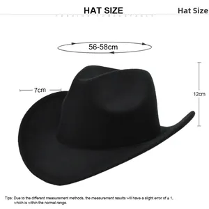 Classico cappello da cowboy in lana nera con falda da 7cm per testa 56-58cm
