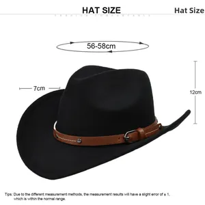 Size chart for black felt cowboy hat showing 56-58cm circumference and 7cm wide brim