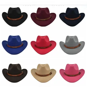 Collection of nine colorful wide brim wool felt cowboy hats with leather belts