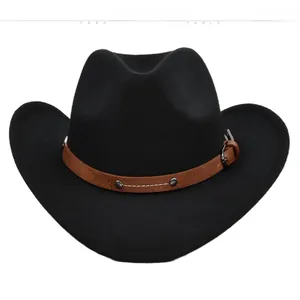 Detail of black felt cowboy hat featuring a brown faux leather band with metal rivets
