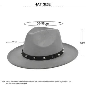 Grey wool fedora hat with studded faux leather band and detailed size measurements