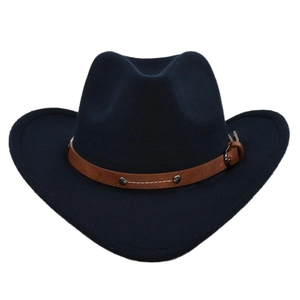 Detailed view of the dark blue cowboy hat with brown leather band and metal rivets