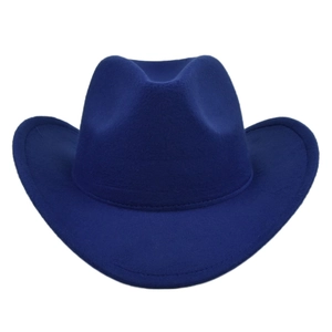 Dettaglio cappello da cowboy blu reale in lana con tesa larga e design classico corona