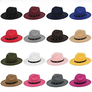 Multiple color variations of wide brim wool felt jazz fedora hats with rivet band decor