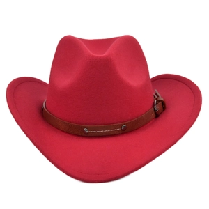 Detail of red wool felt cowboy hat with dark brown leather studded band and metallic buckle