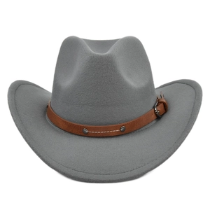 Classic grey cowboy jazz hat with brown faux leather band and silver buckle detail