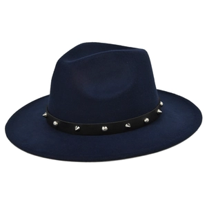 Detail of navy wool fedora with black leather band and silver punk rivet studs