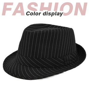 Detailed view of the classic black fedora with white stripes and elegant top crease