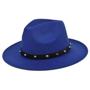 Detailed view of navy blue wool fedora hat with black leather studded punk band trim